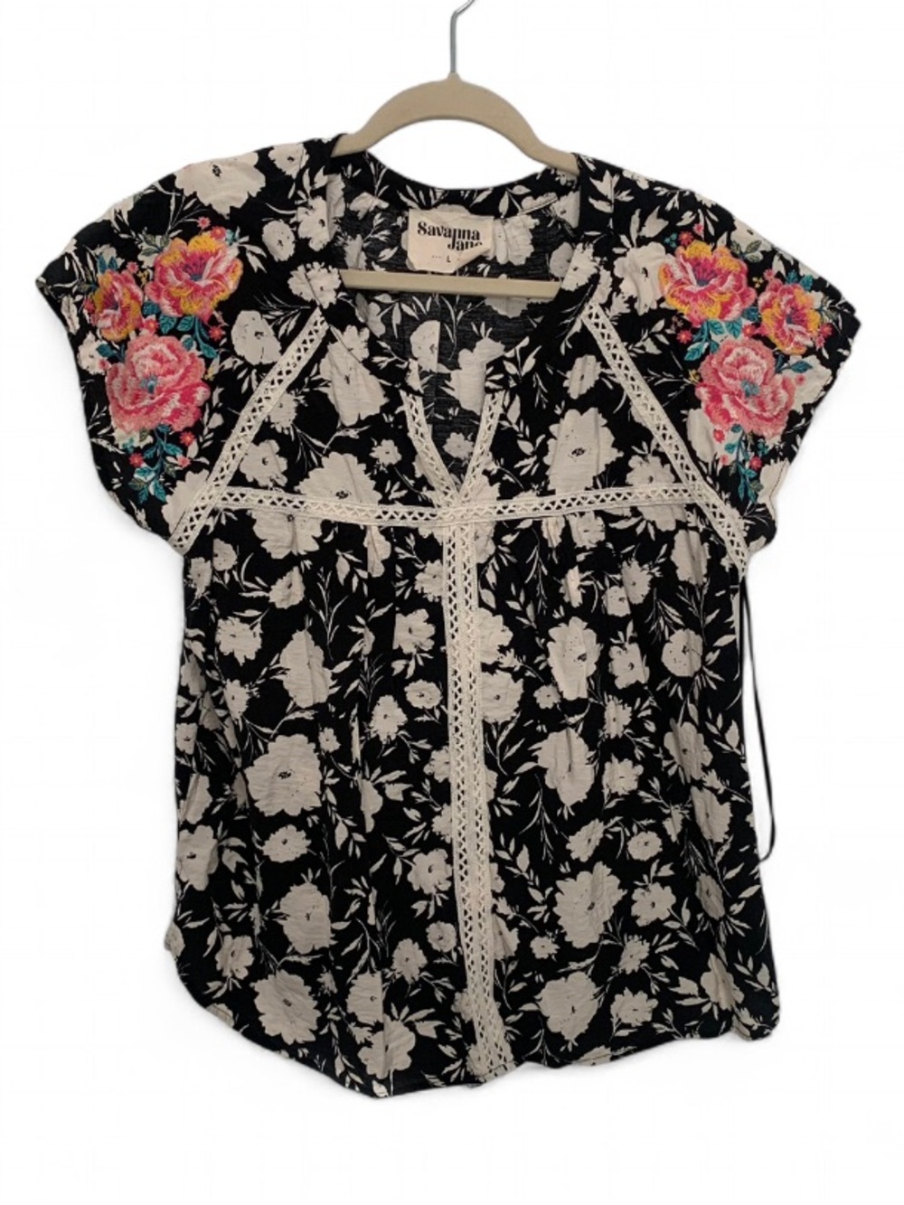 Savanna Jane Black Floral Embroidered Short-Sleeve Top